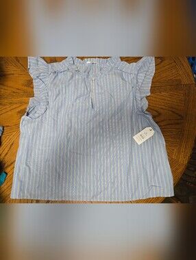 Time and Tru Light Blue and White Striped Ruffle Sleeve Blouse